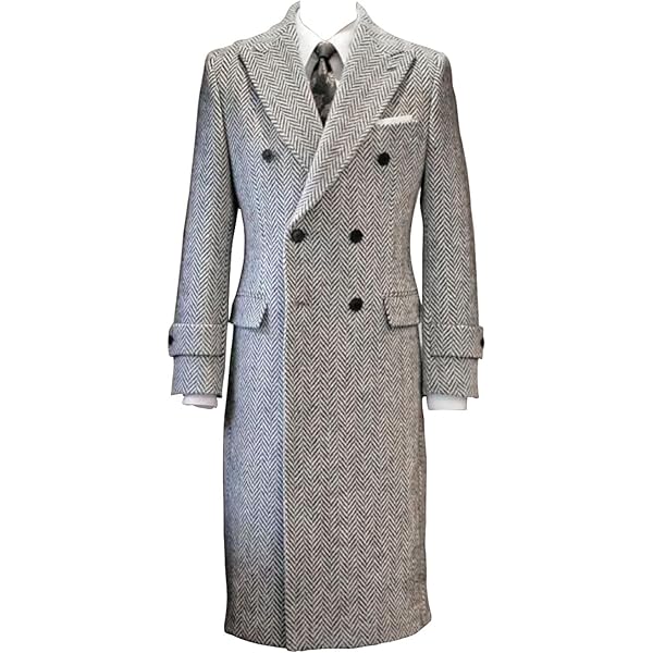 Lacoac Men's Vintage Herringbone Overcoat Wool Blend Long